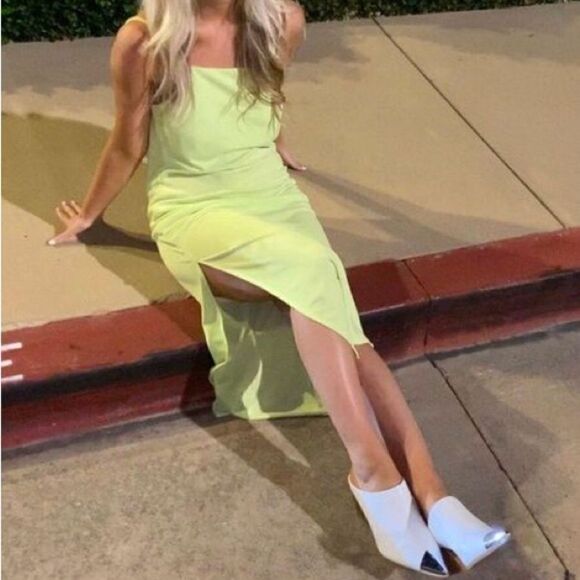 H&M Neon Lime Midi Slip Cowl Neck Dress with Slit - Picture 1 of 7